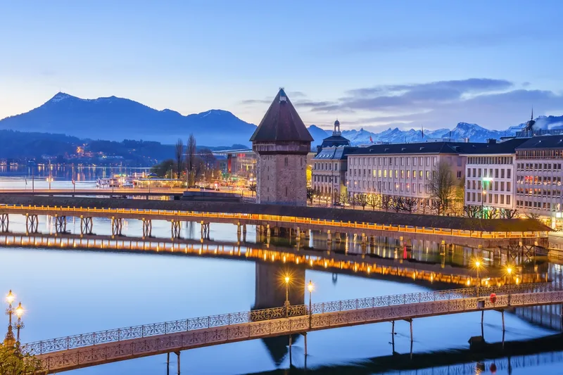 Panoramic View Lucerne With Famous Chapel Bridge Lake Lucerne