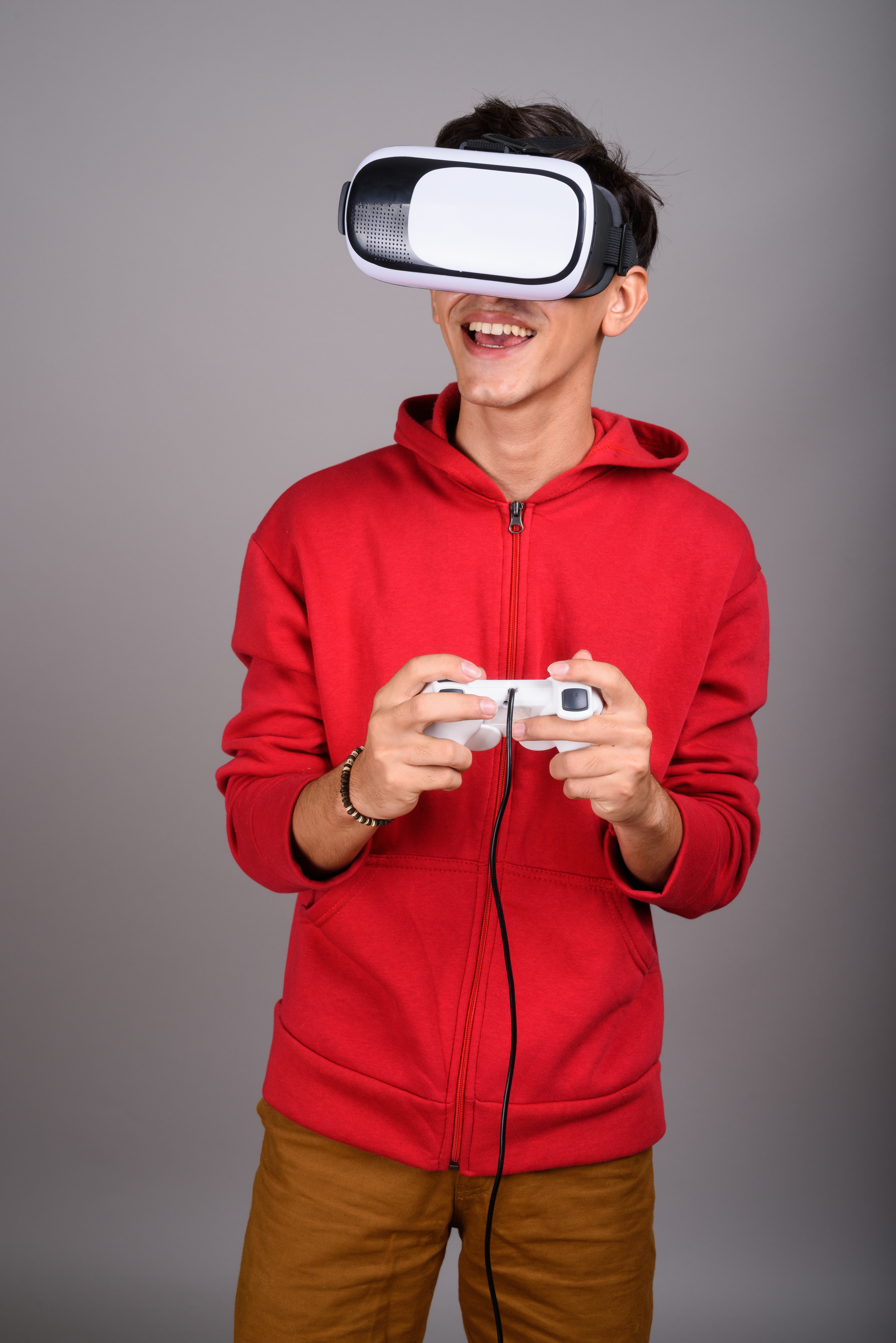 Persian Teenage Boy Using Vr Glasses Game Controller Virtual Reality