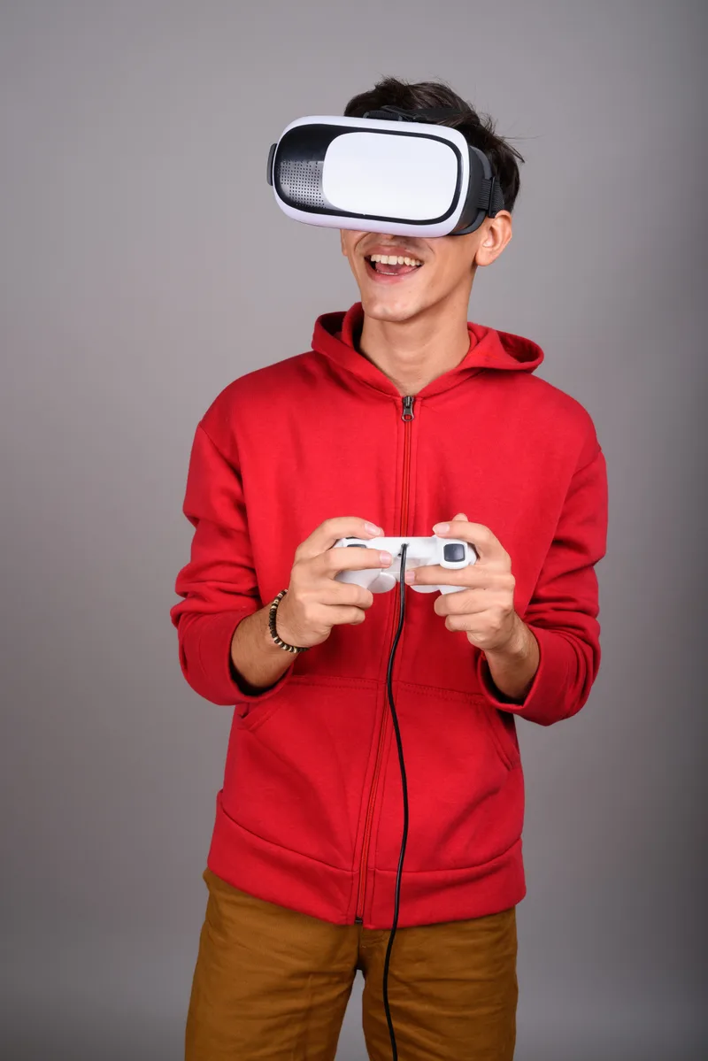 Persian Teenage Boy Using Vr Glasses Game Controller Virtual Reality
