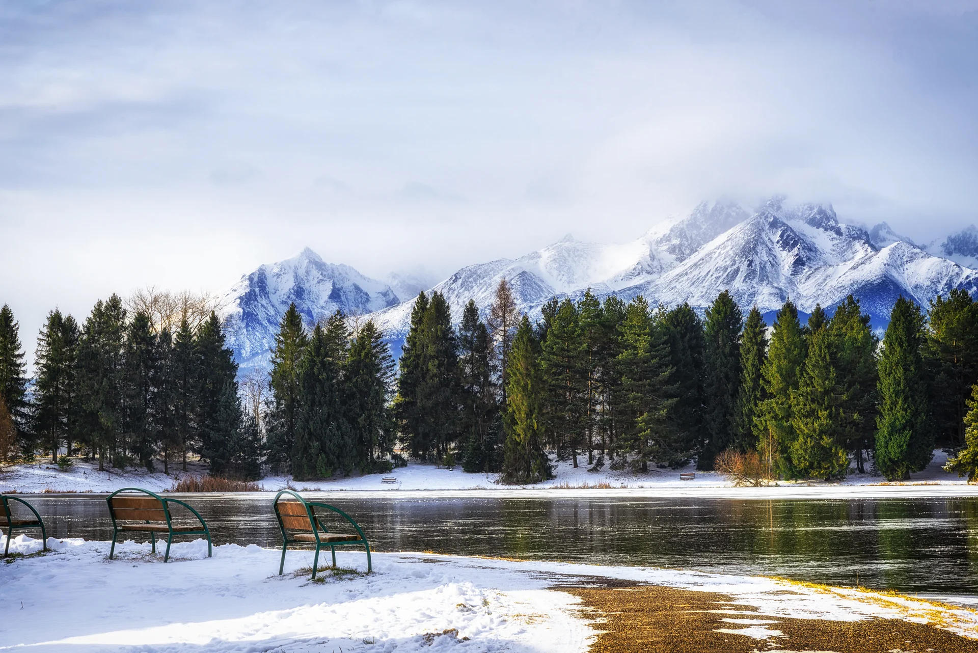Picturesque Winter Panorama Lake Tatras Mountains With Benches Shore. Nature wallpaper. 5879×3925px. Free download for per…