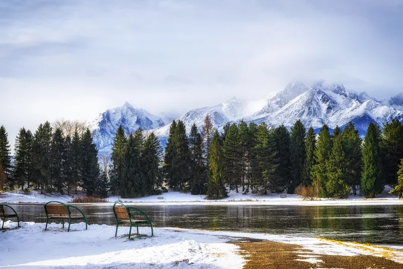 Picturesque Winter Panorama Lake Tatras Mountains With Benches Shore