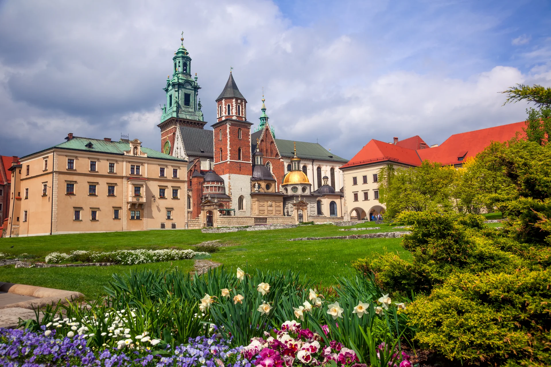 Poland Krakow Wawel Castle Blooming Park Domes Cathedral Against Cloudy Sky. Nature wallpaper. 5616×3744px. Free download …