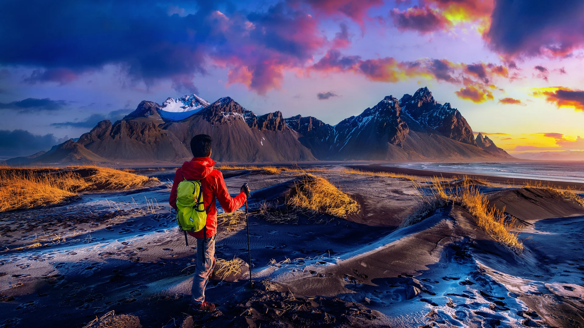Rear View Woman Walking Snow. Aerial wallpaper. 5000×2812px. Free download for personal use.