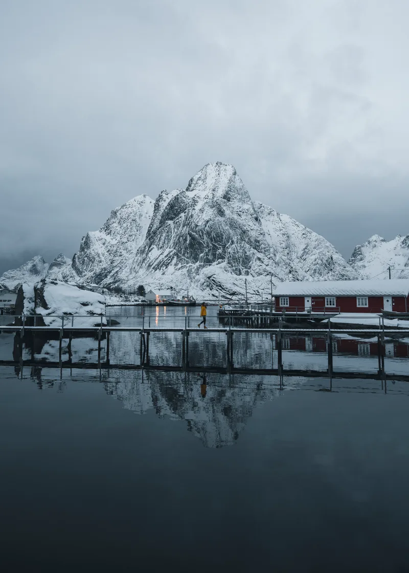 Red Cabins Snowy Reine Moskenesoya Island Norway