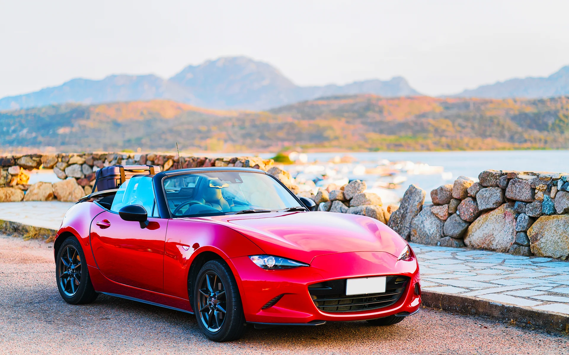 Red Cabriolet Car Road Porto Rotondo Costa Smeralda Sardinia Island Italy Summer Transport Driving Highway Europe View Mot…