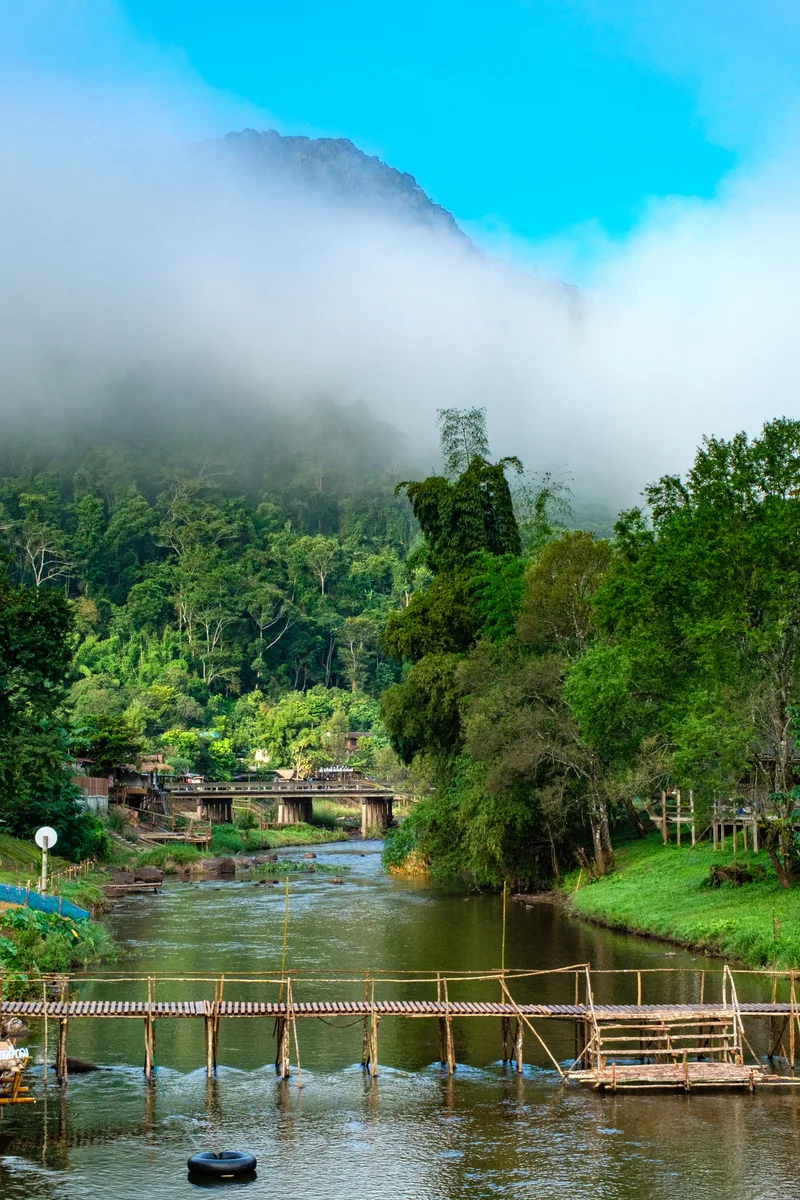 Refreshing Morning By River Small Village There Is House By Water Mist Covered Mountain Bo Kluea District Nan Province Thailand