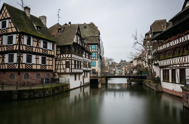 River Surrounded By Buildings Petite France Cloudy Sky Strasbourg France