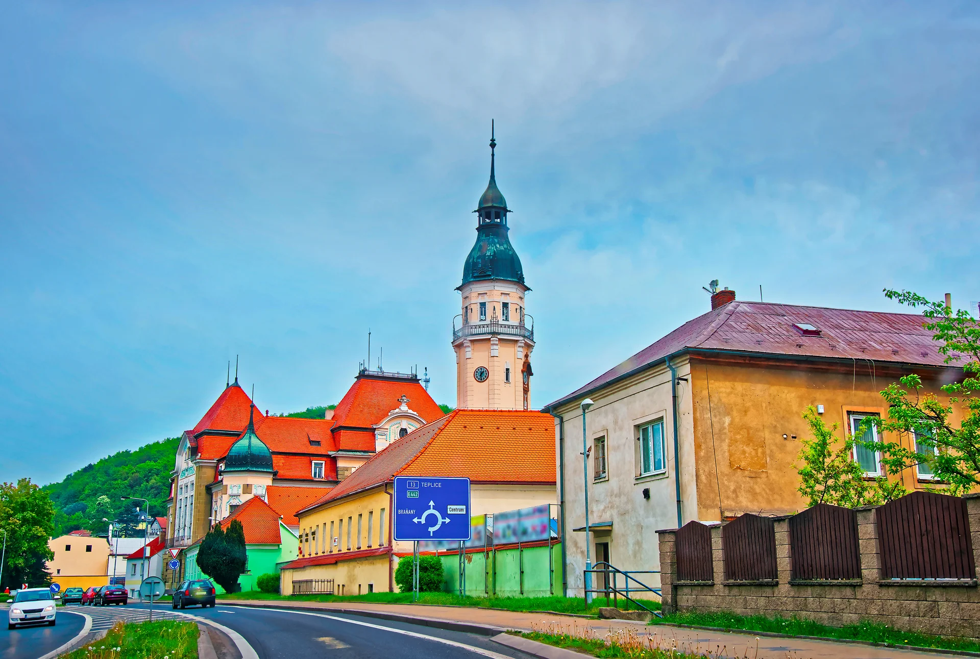 Road View With Church Spire Traffic Teplice Czech Republic. Aerial wallpaper. 3000×2019px. Free download for personal use.