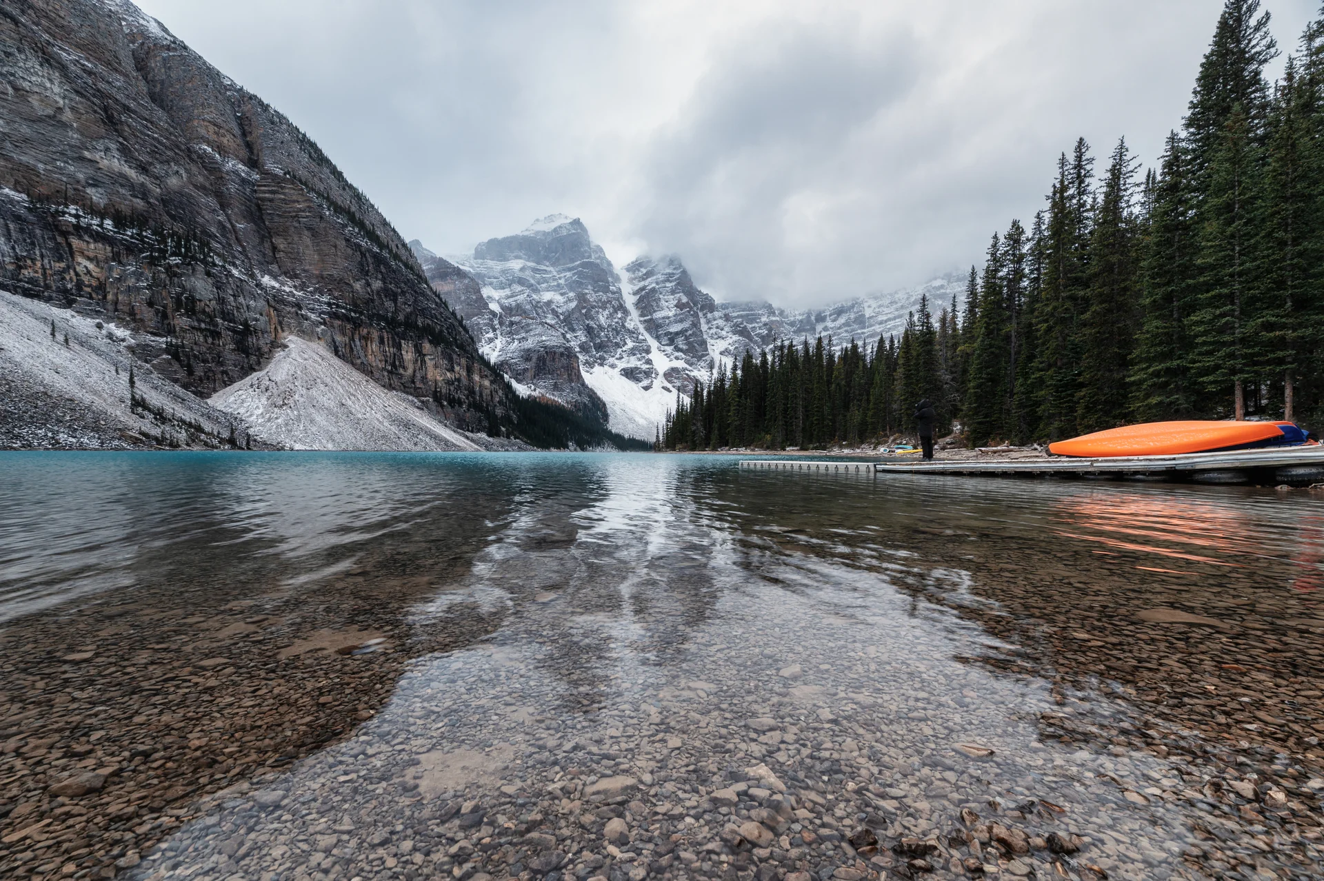 Rocky Mountains With Canoe Pier Moraine Lake Gloomy Banff National Park Canada. Nature wallpaper. 5843×3888px. Free downlo…