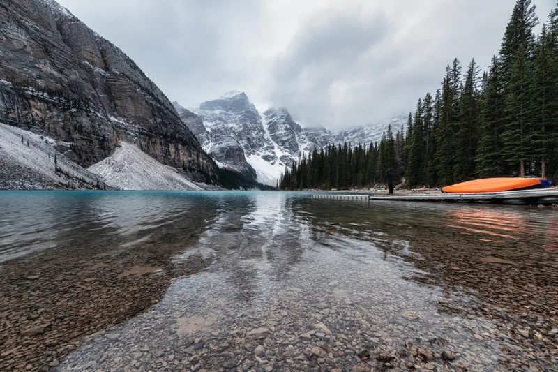 Rocky Mountains With Canoe Pier Moraine Lake Gloomy Banff National Park Canada