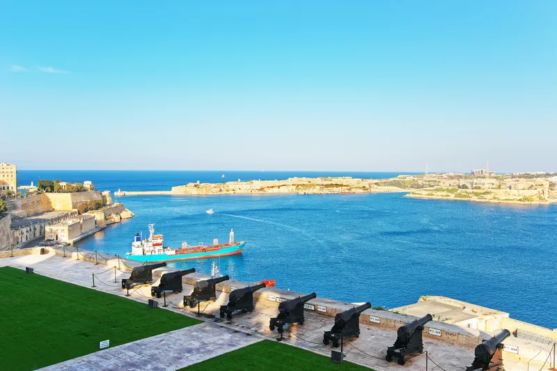 Saluting Battery With View St Angelo Fort Grand Harbor Valletta Malta Seen From Upper Barracca Public Gardens