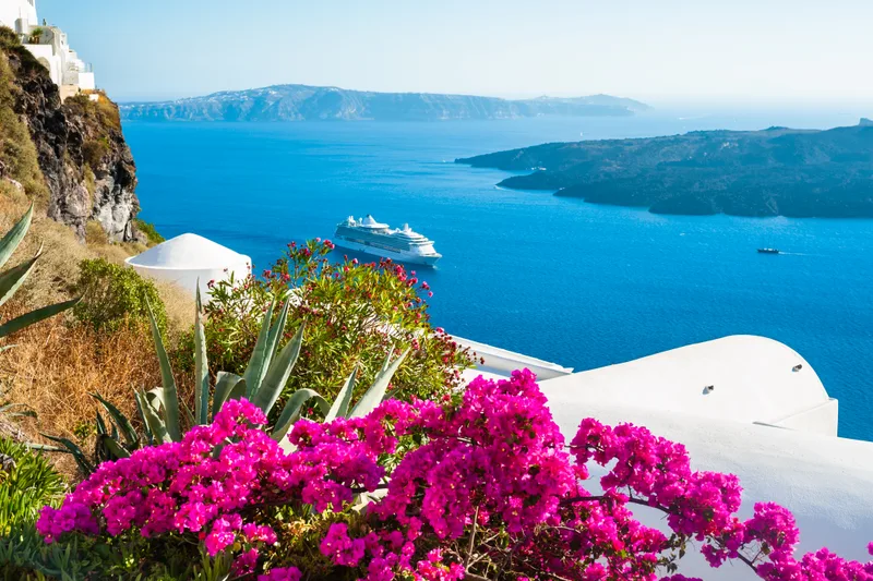 Santorini Island Greece White Architecture Pink Flowers With Sea View Travel Vacation