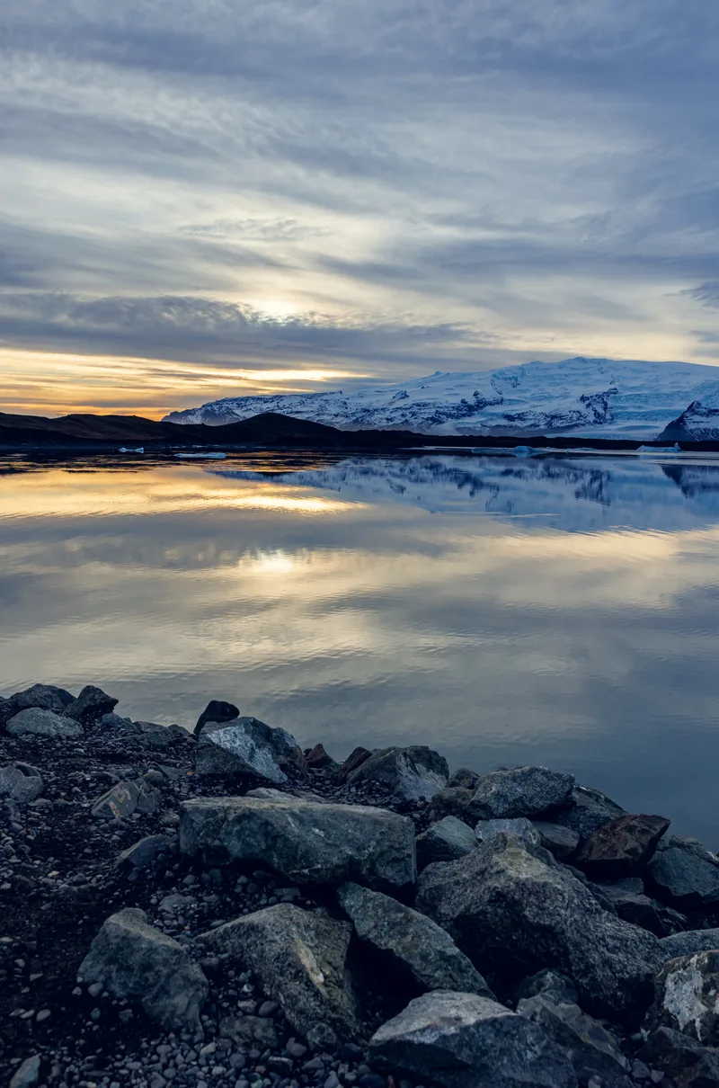 Scandinavian Frosty Lake Near Highlands Forming Nordic Winter Landscape Sunset Large Body Water Snowy Mountains Icelandic Scenery Frozen Fields Spectacular Countryside