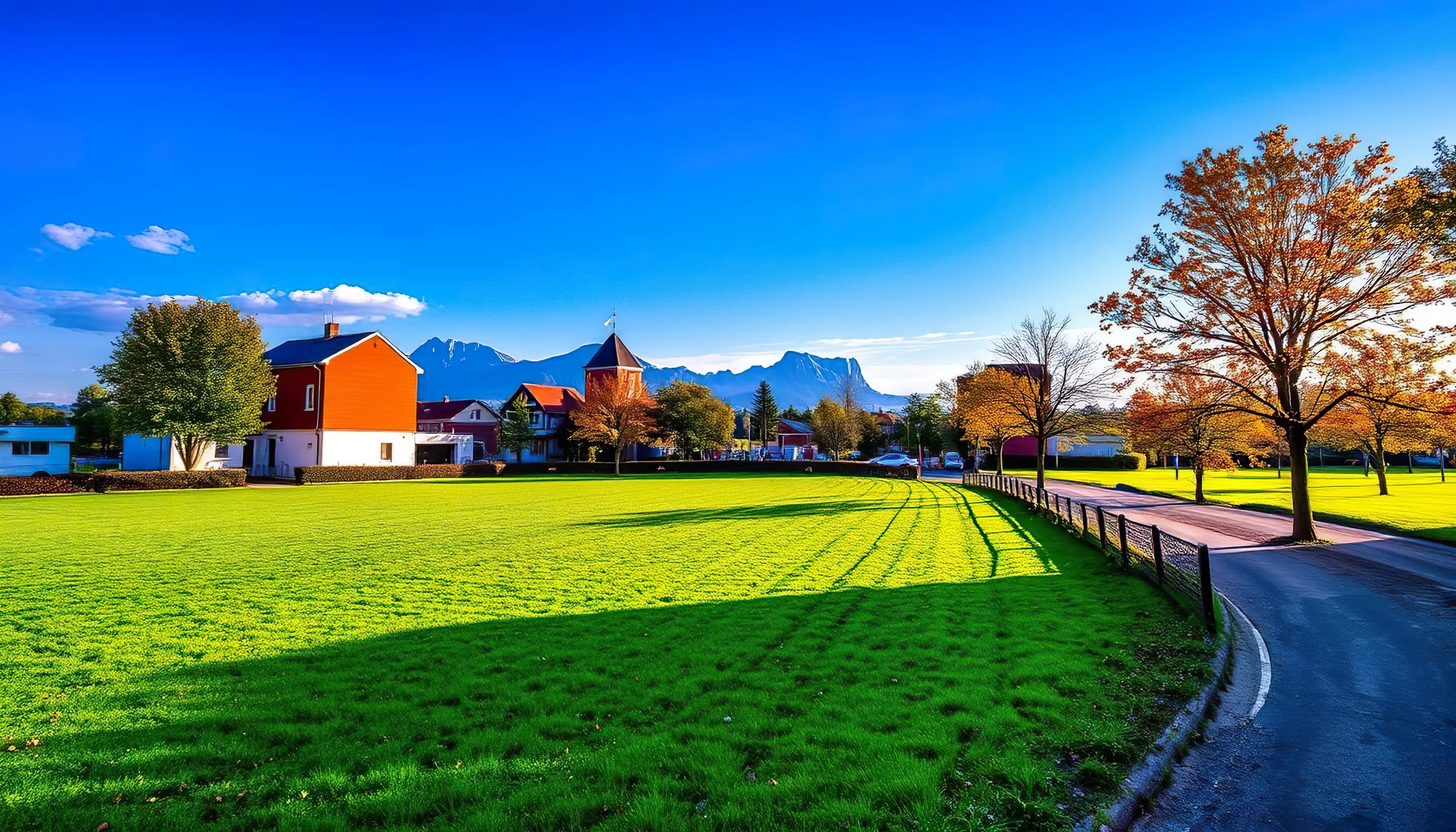 Scenic Village Landscape With Mountain View Autumn Trees. Nature wallpaper. 5376×3072px. Free download for personal use.