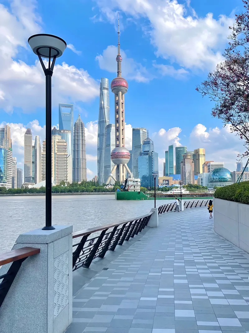 Sidewalk With View Shanghai Skyline Background