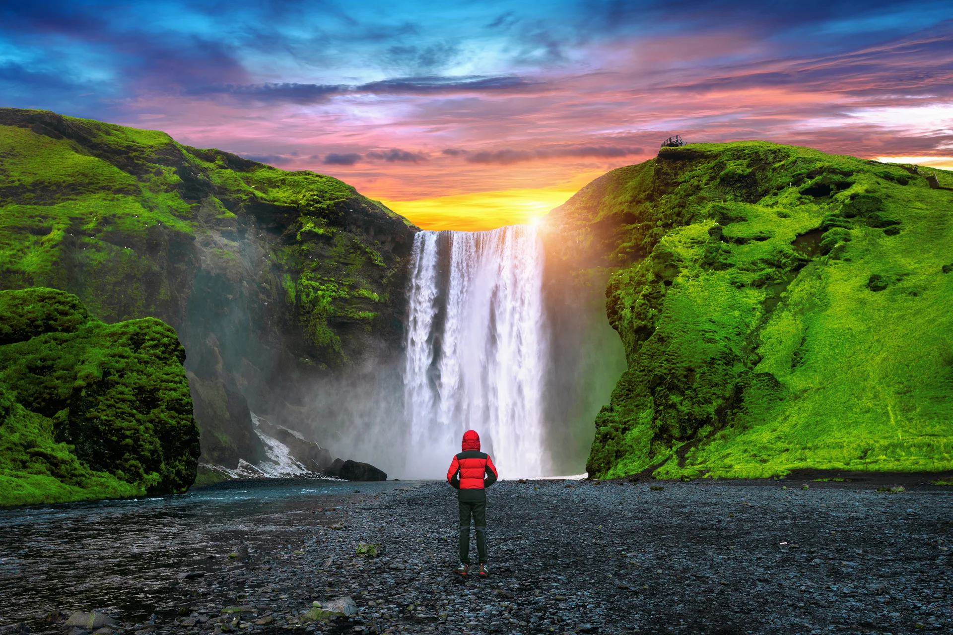 Skogafoss Waterfall Iceland Guy Red Jacket Looks Skogafoss Waterfall. Nature wallpaper. 4920×3280px. Free download for per…