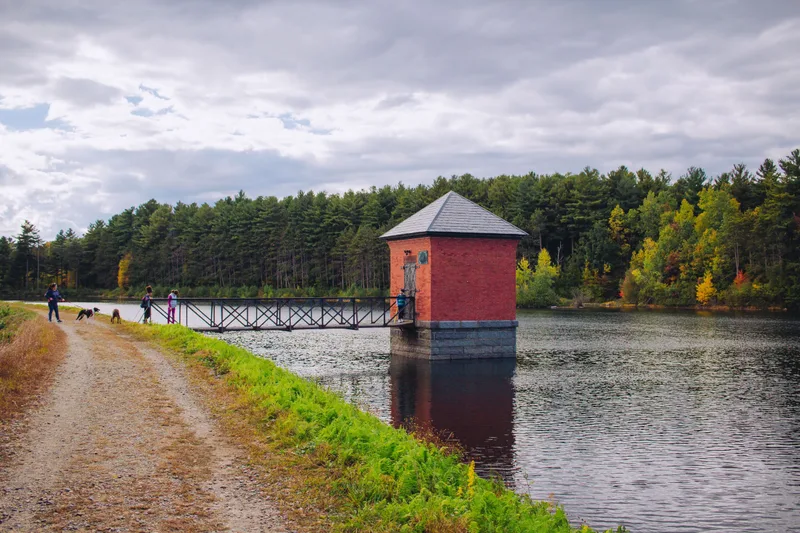 Small Red Hut Built River Connected Bridge With Amazing Natural Scenery