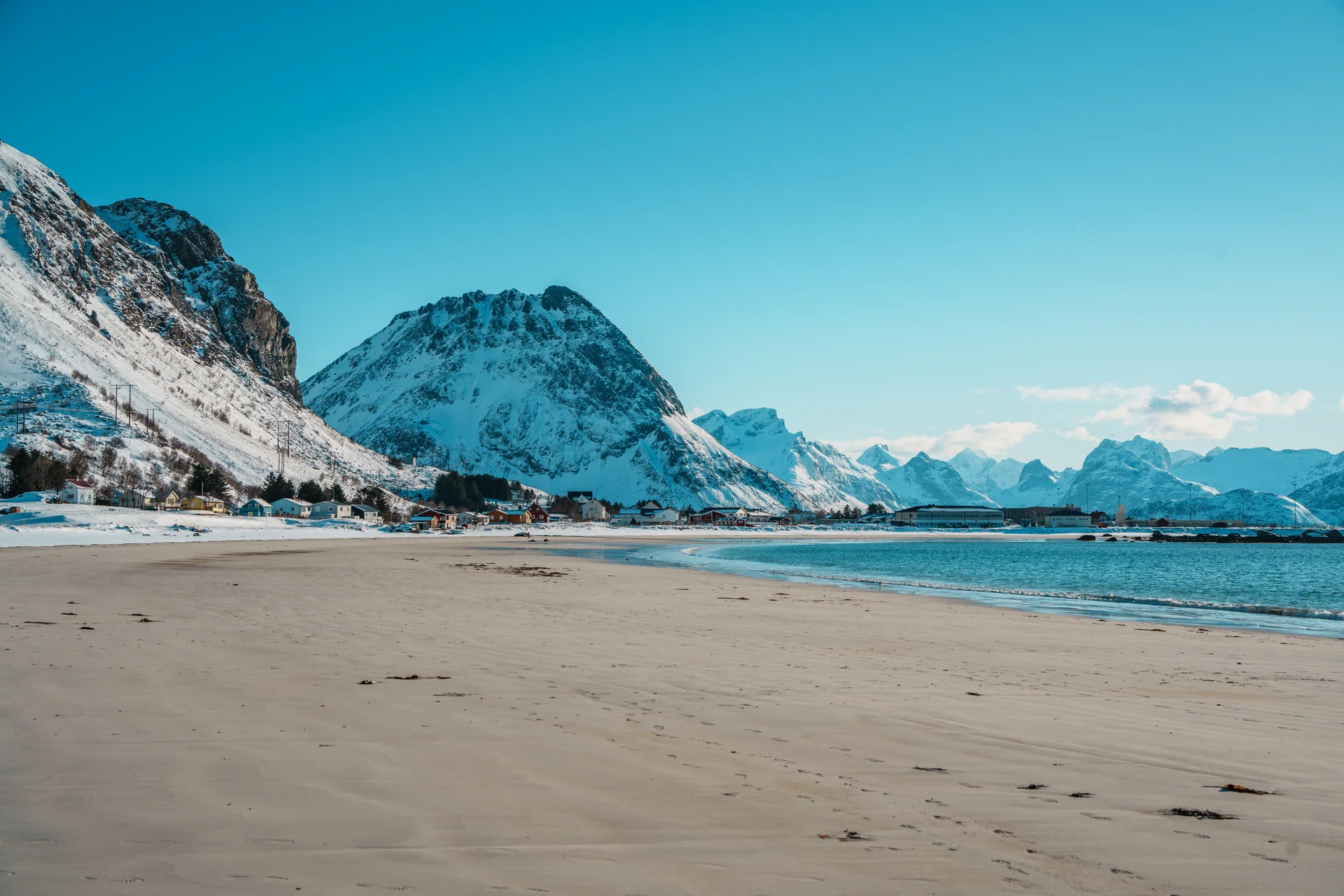 Snowy Ramberg Beach Mountains Lofoten. Nature wallpaper. 7008×4672px. Free download for personal use.