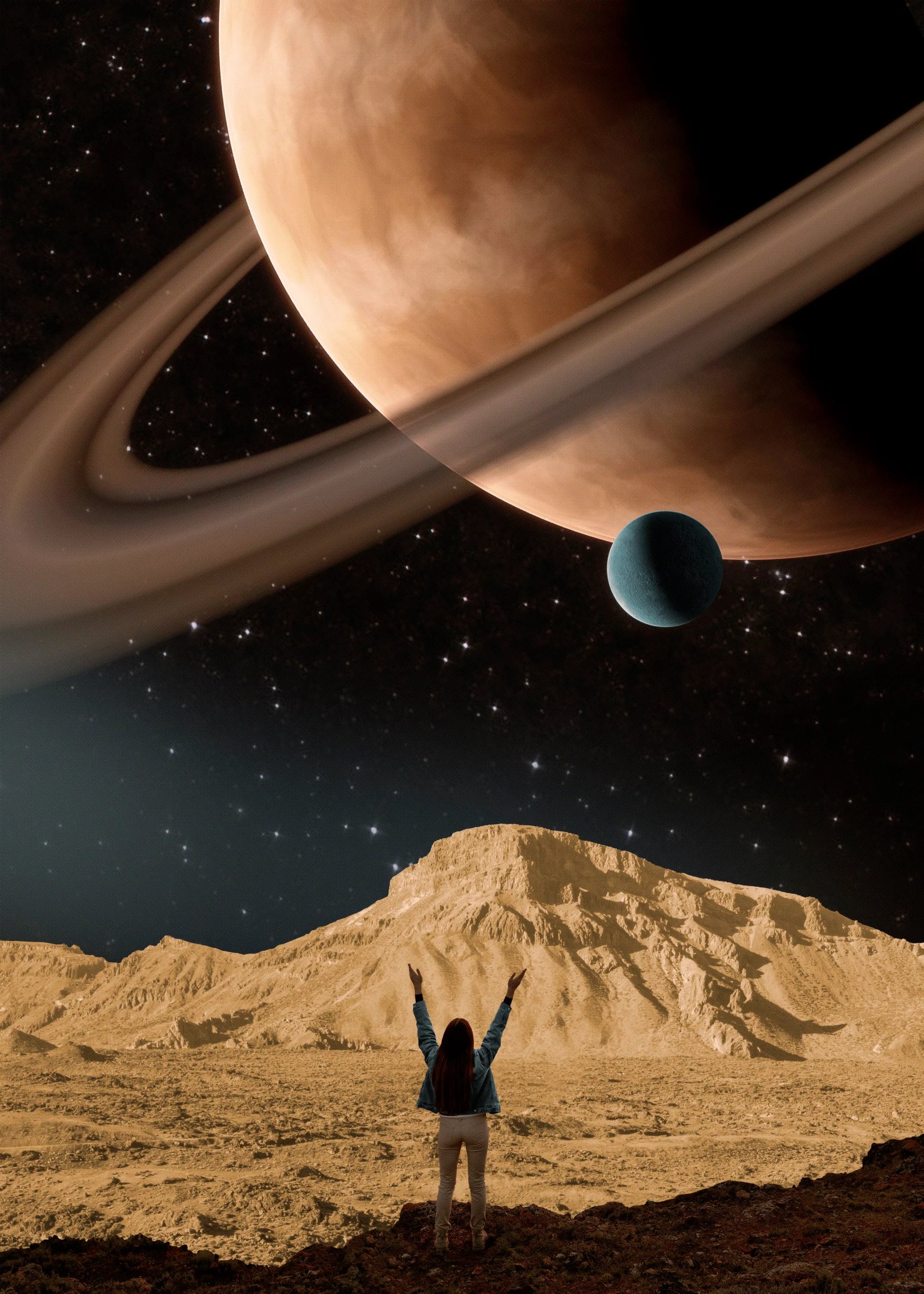 Space Collage With Young Woman. Space wallpaper. 4332×6064px. Free download for personal use.