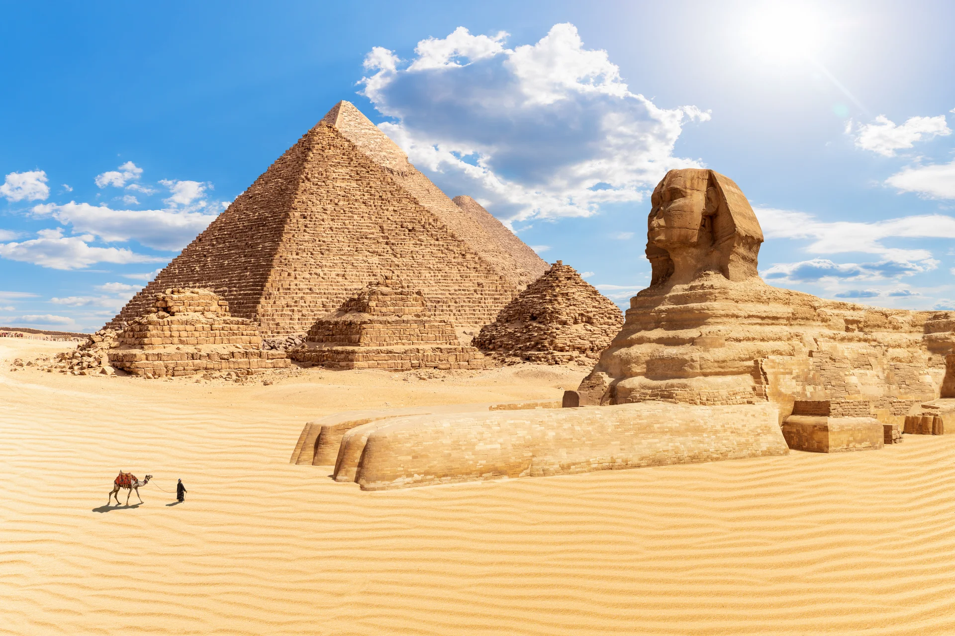 Sphinx Pyramids Giza Wonders World Egypt Sunset View. Aerial wallpaper. 6720×4480px. Free download for personal use.