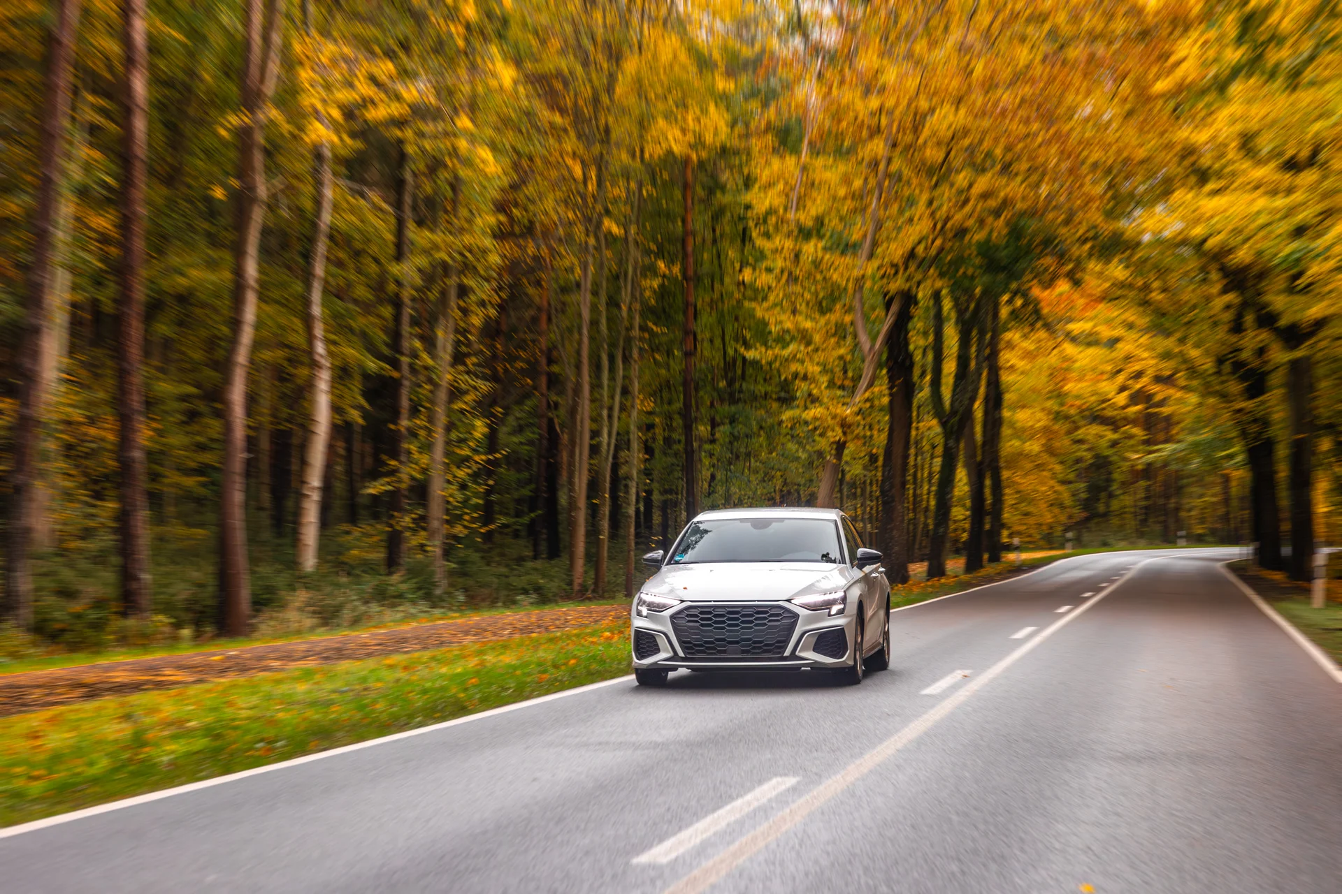 Sporty Sedan Autumn Forest Highway Car Road. Cars wallpaper. 5472×3648px. Free download for personal use.