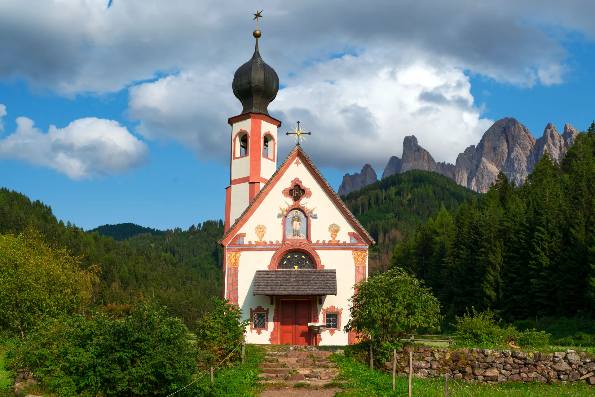 St John Church Front Odle Mountains Funes Valley Dolomites. Nature wallpaper. 6754×4505px. Free download for personal use.