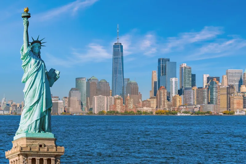 Statue Liberty With Manhattan City Skyline Background Landmarks New York City Usa