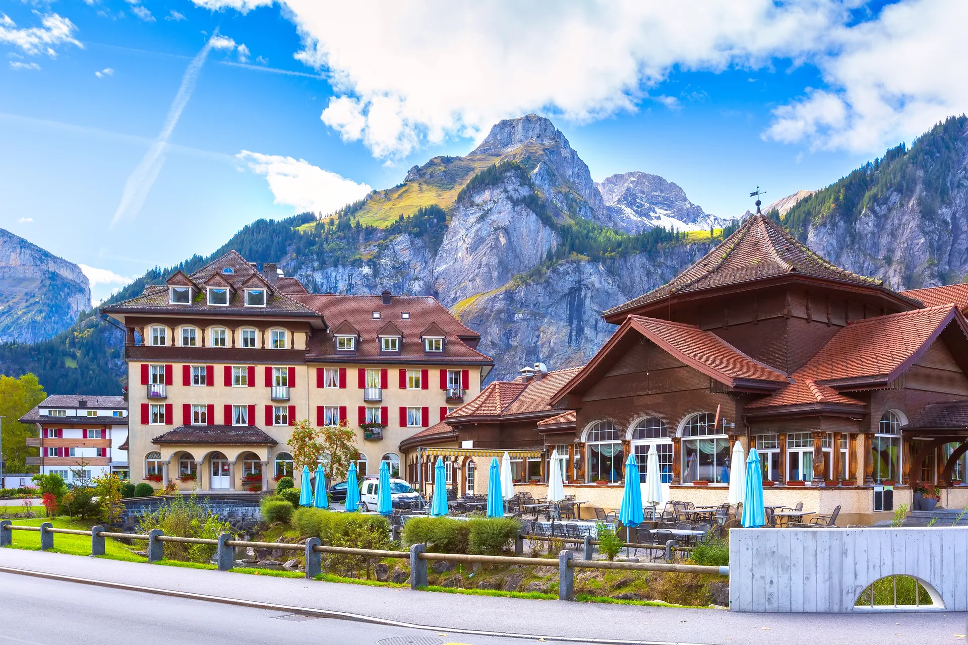 Street View Kandersteg Mountains Switzerland. Aerial wallpaper. 5635×3757px. Free download for personal use.