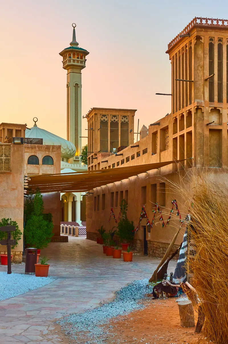 Street With Mosque Al Fahidi Historical Neighbourhood Old Dubai Evening Uae
