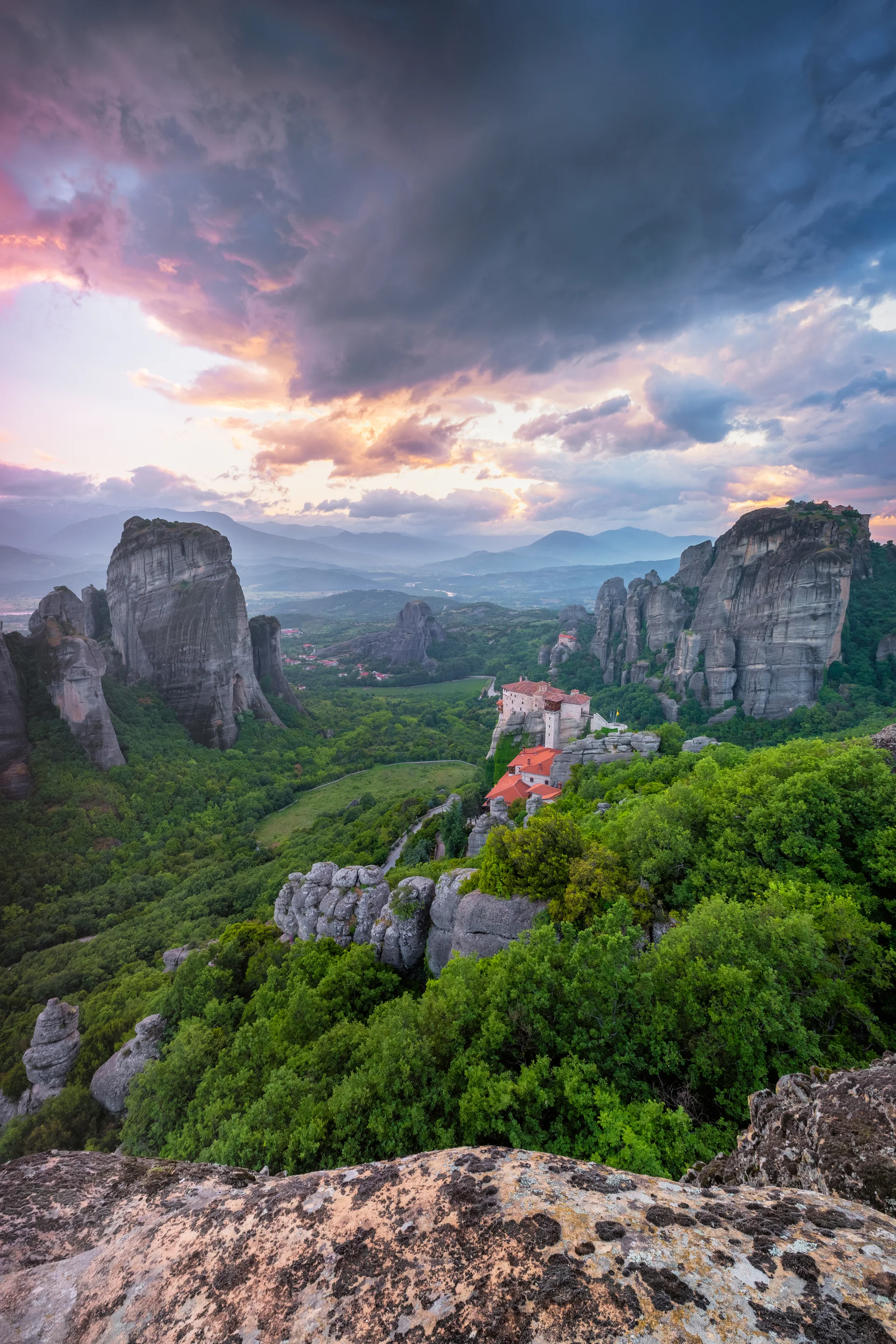 Sunset Sky Monasteries Meteora. Nature wallpaper. 4147×6220px. Free download for personal use.