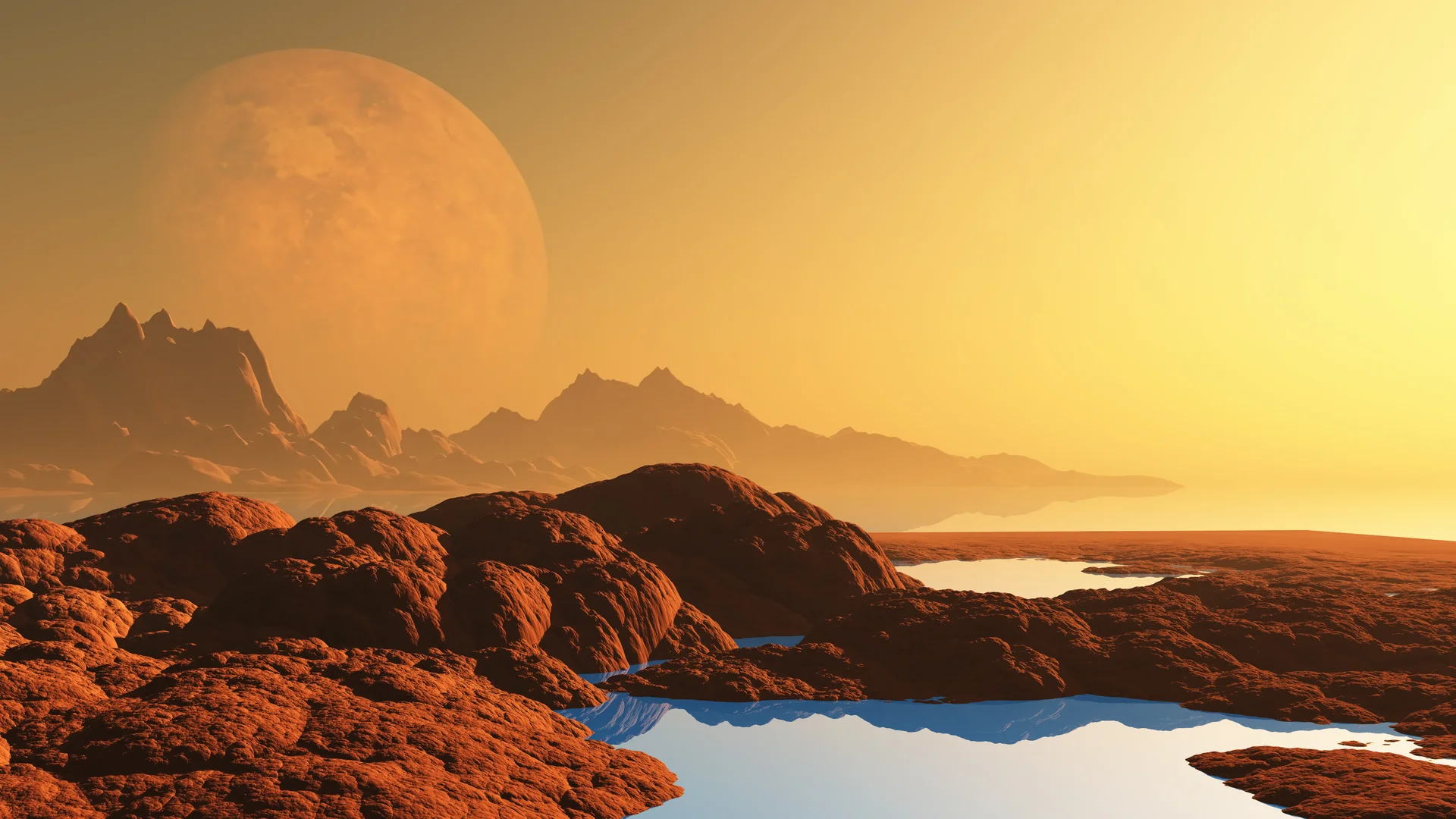 Surreal Landscape With Planet. Space wallpaper. 6000×3375px. Free download for personal use.