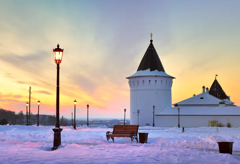 Tobolsk Kremlin Winter Bright Dawn Square Near Guest Yard First Capital Siberia