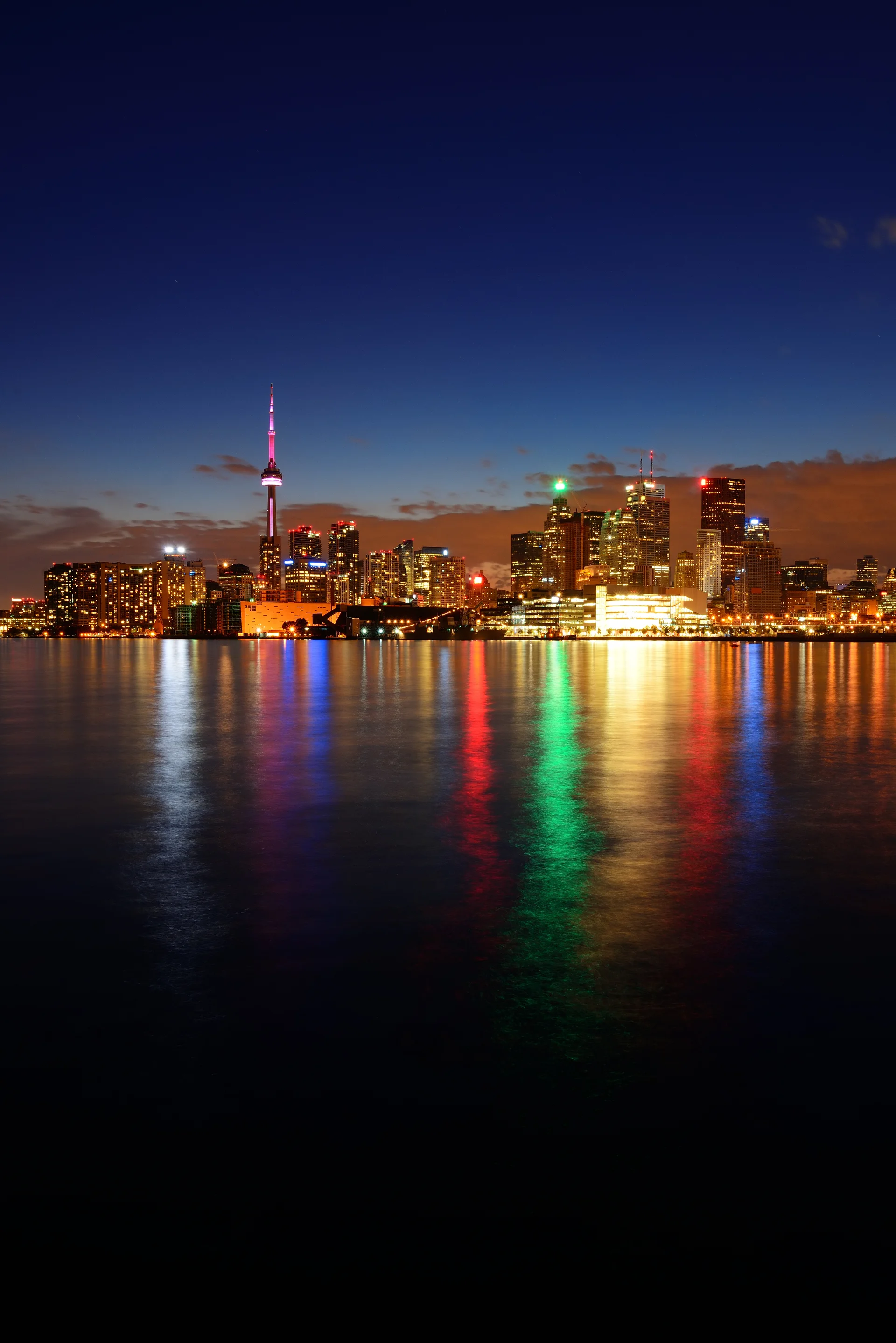 Toronto Cityscape Panorama Dusk Lake With Colorful Light. Dark wallpaper. 4871×7299px. Free download for personal use.