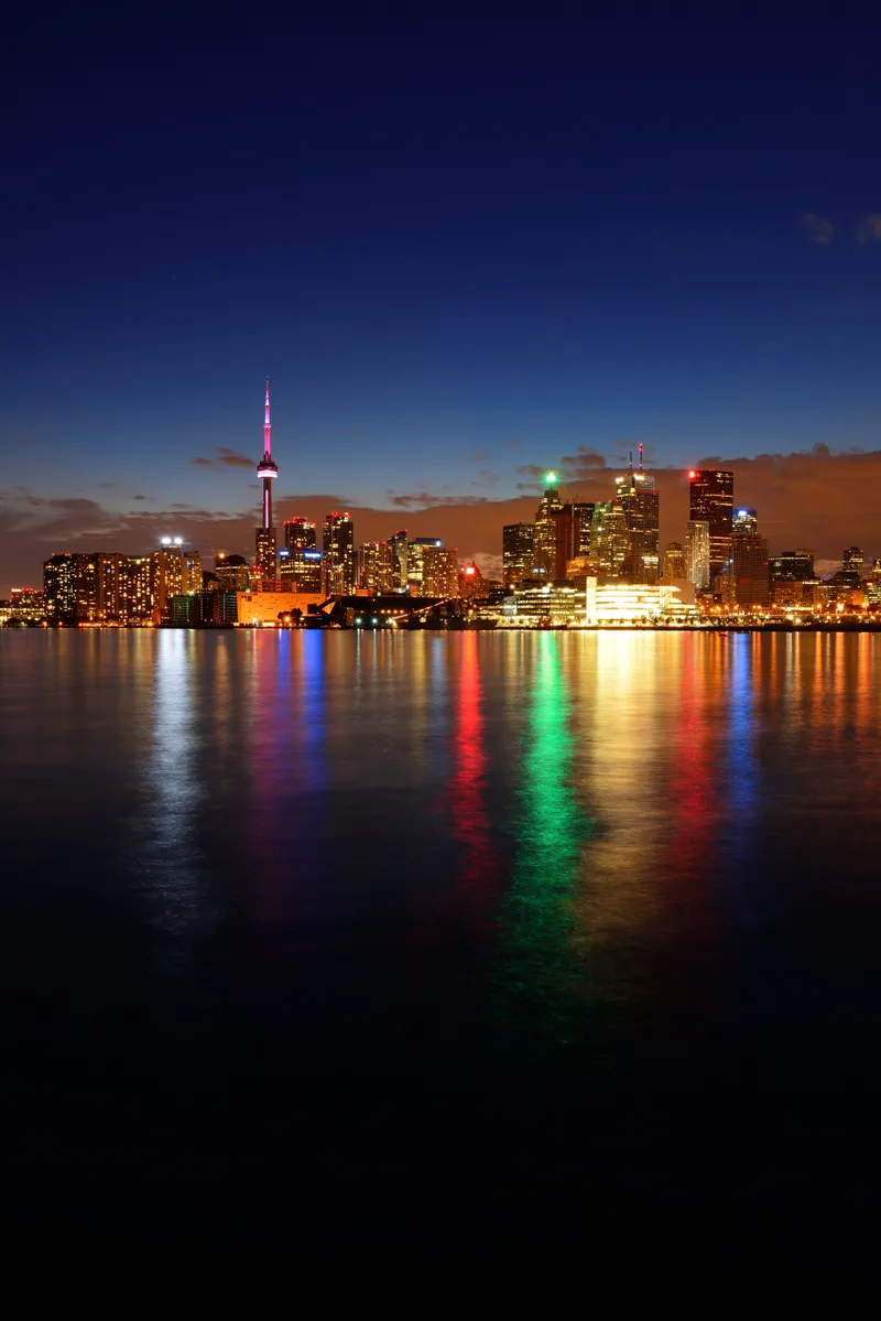 Toronto Cityscape Panorama Dusk Lake With Colorful Light