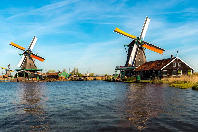 Traditional Dutch Windmills Located By River Zaan Zaanse Schans Netherlands