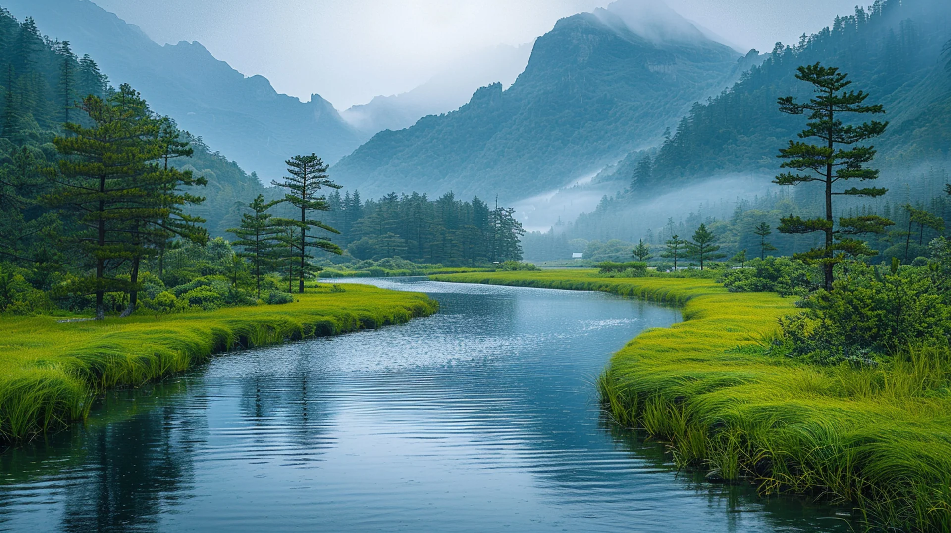 Tranquil River Serene Valley Landscape. Nature wallpaper. 4368×2448px. Free download for personal use.