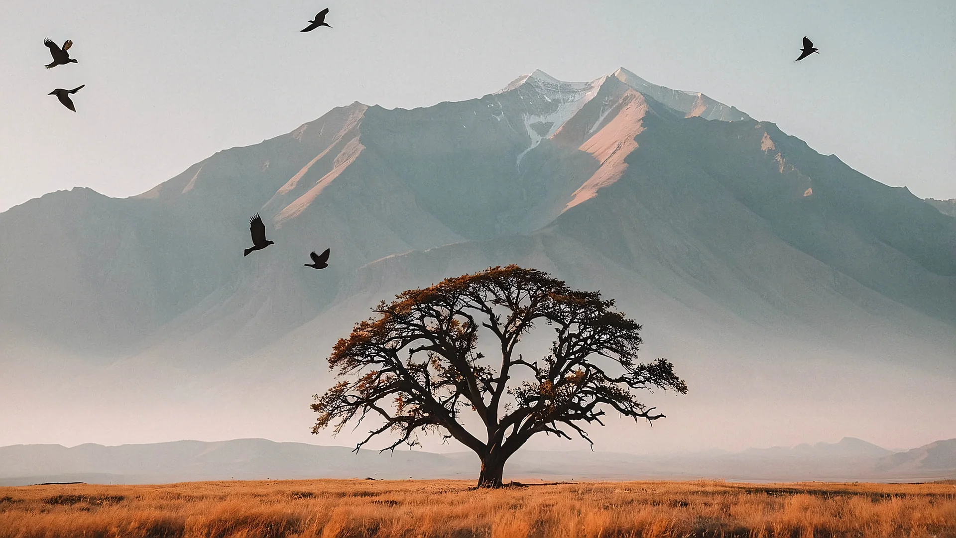 Tree Savanna With Mountain Birds Sky Minimalist Landscape Illustration. Nature wallpaper. 6368×3584px. Free download for p…