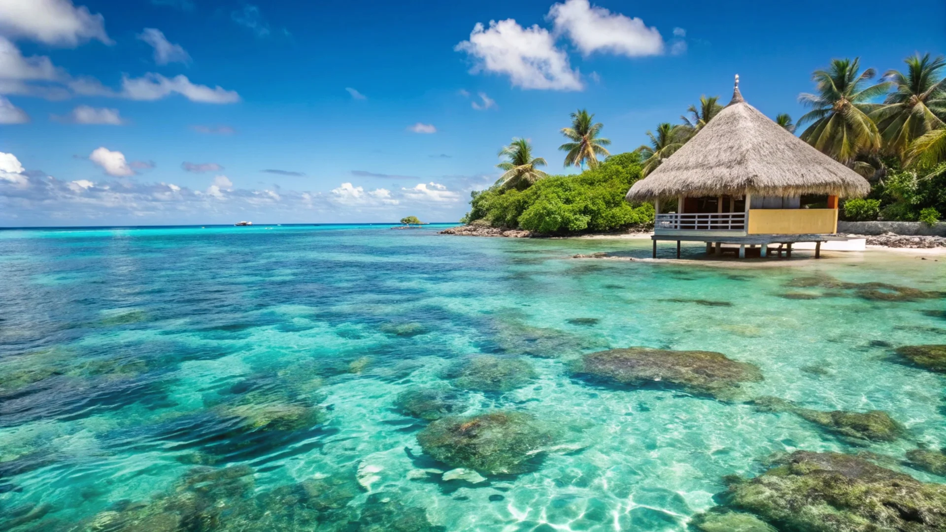 Tropical Beach Hut With Turquoise Water. Nature wallpaper. 5000×2813px. Free download for personal use.