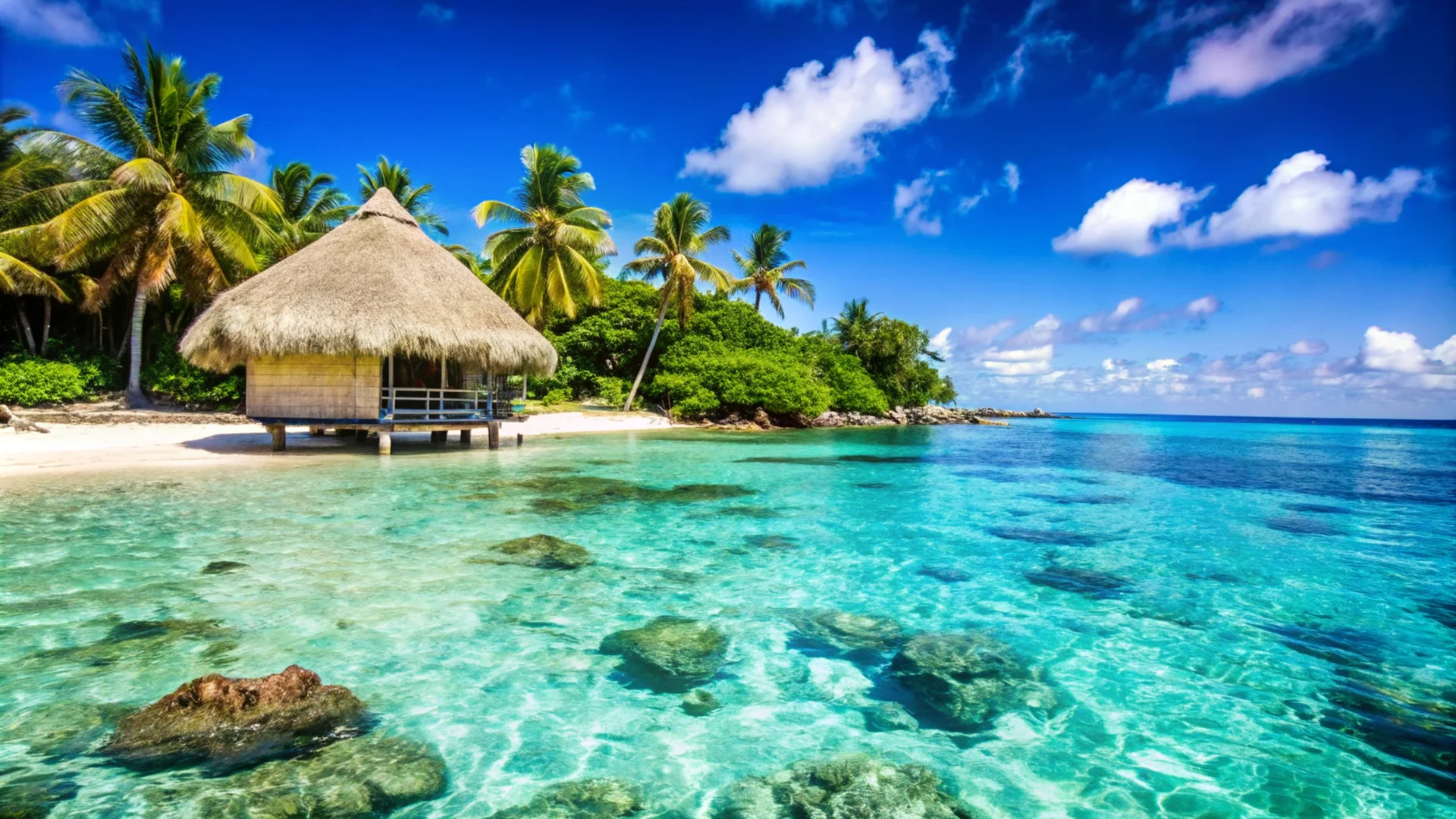 Tropical Beach With Thatched Hut Clear Blue Water Palm Trees. Nature wallpaper. 5000×2813px. Free download for personal use.