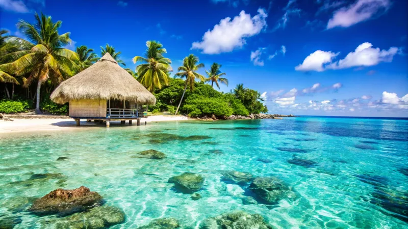 Tropical Beach With Thatched Hut Clear Blue Water Palm Trees