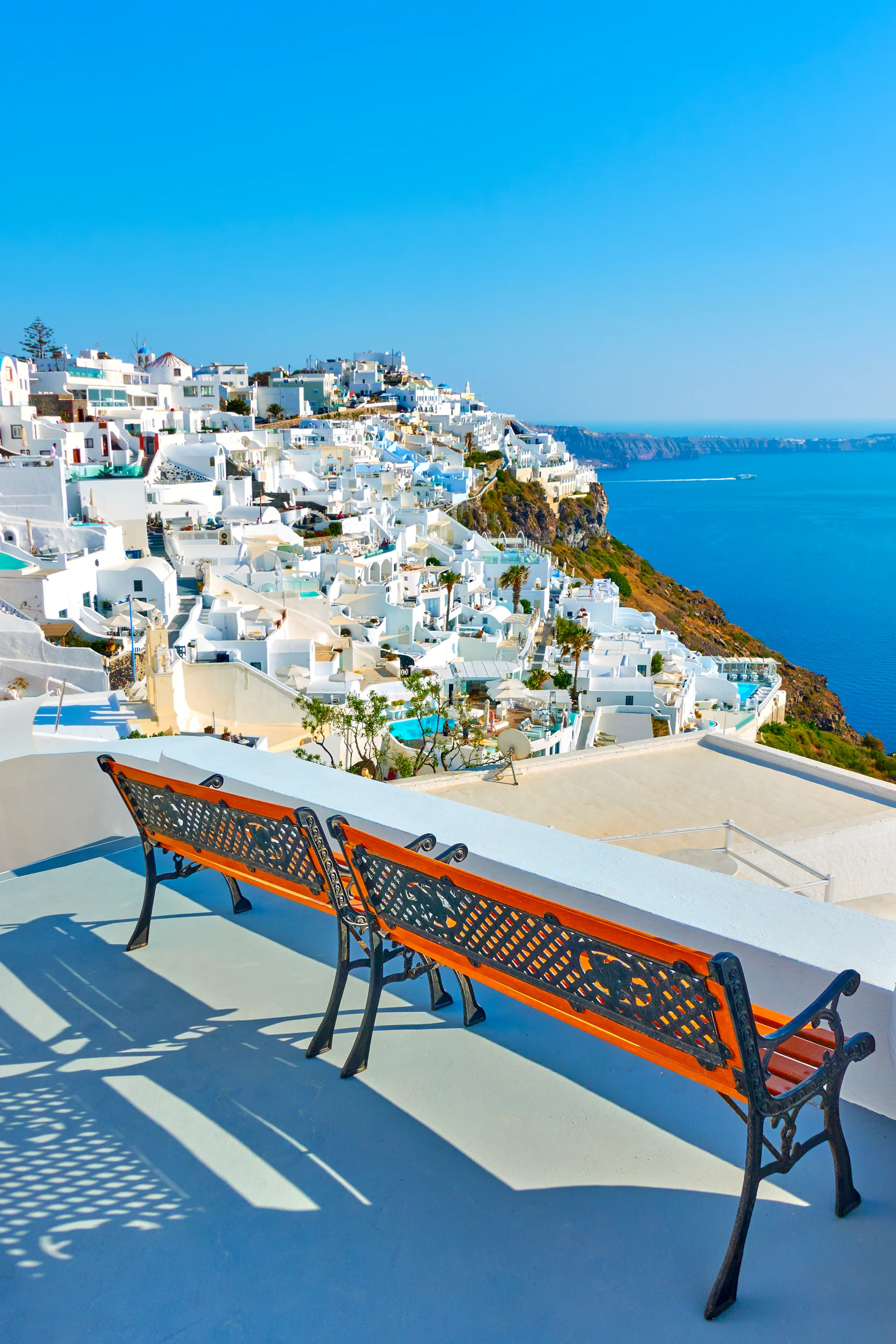 Two Vacante Benches View Point Thira Santorini Greece. Aerial wallpaper. 3184×4776px. Free download for personal use.