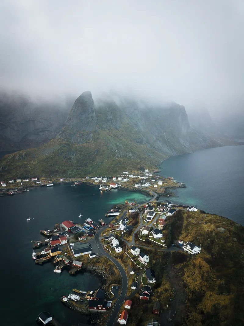 Vertical Aerial View Beautiful Town Lofoten Norway Captured Fog