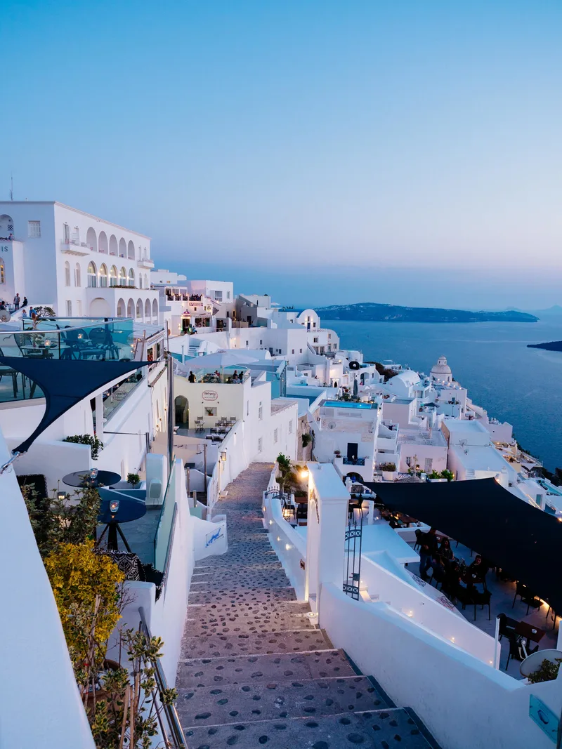 Vertical High Angle Shot White Buildings Santorini Greece