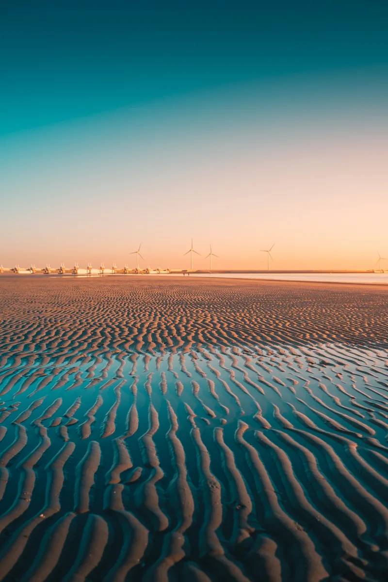 Vertical Shot Beach With Turbines Captured Westenschouwen Netherlands