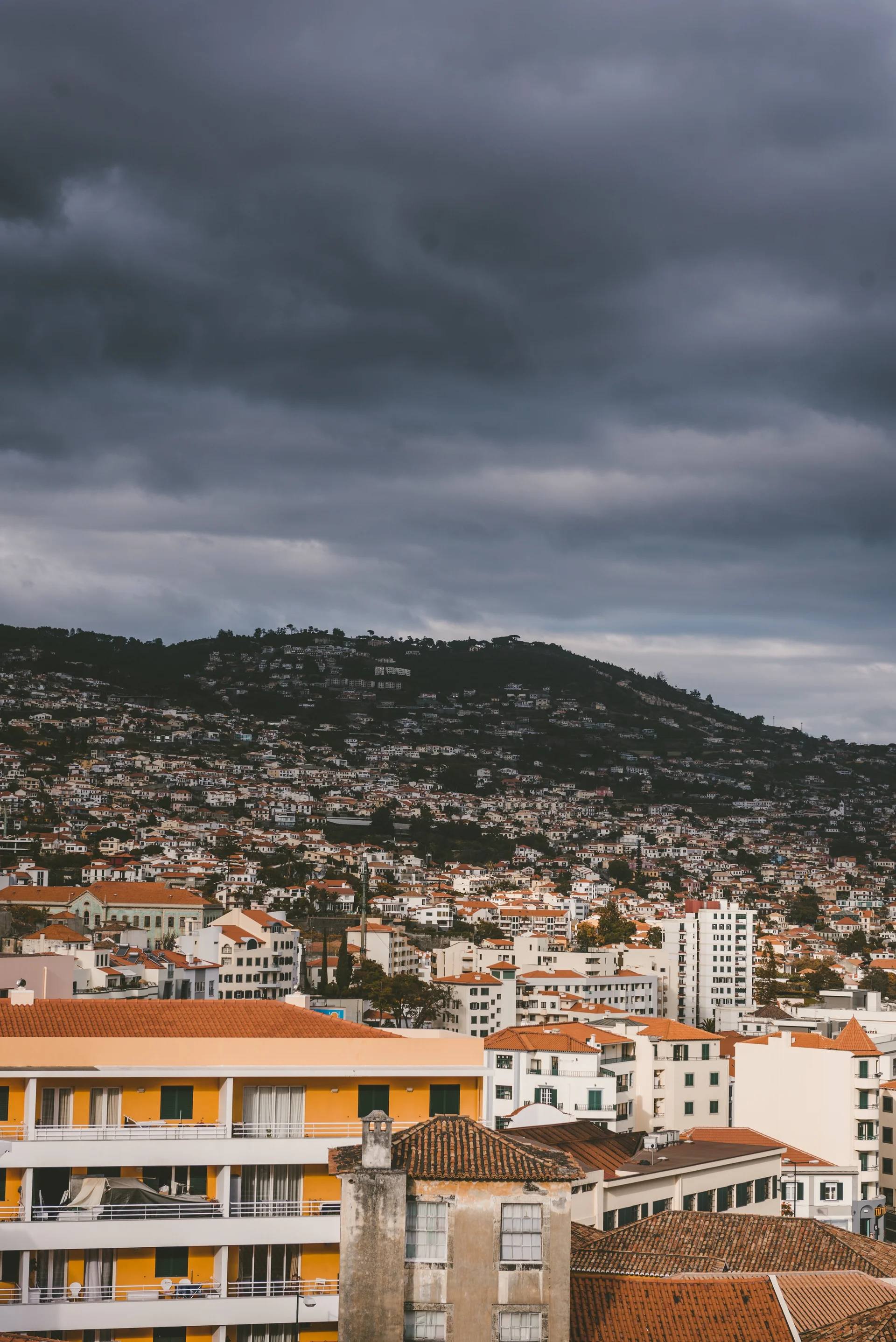Vertical Shot Buildings Mountain Cloudy Sky Funchal Madeira Portugal. Nature wallpaper. 4016×6016px. Free download for per…