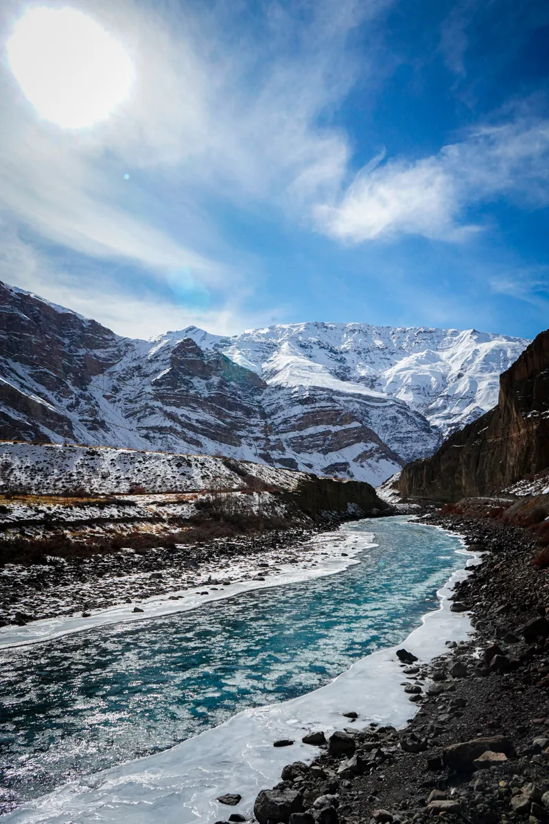 Vertical Shot Frozen River With Snow Covered Mountains Background