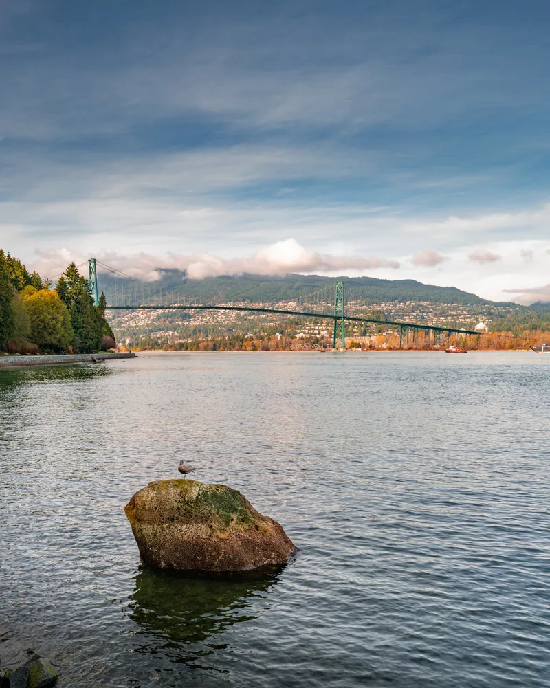 Vertical Shot Lake Stanley Park Vancouver With View Lions Gate Bridge