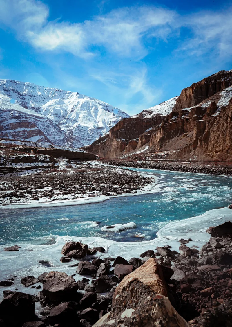 Vertical Shot Spiti Valley Winter With Frozen River Snow Peak Mountains