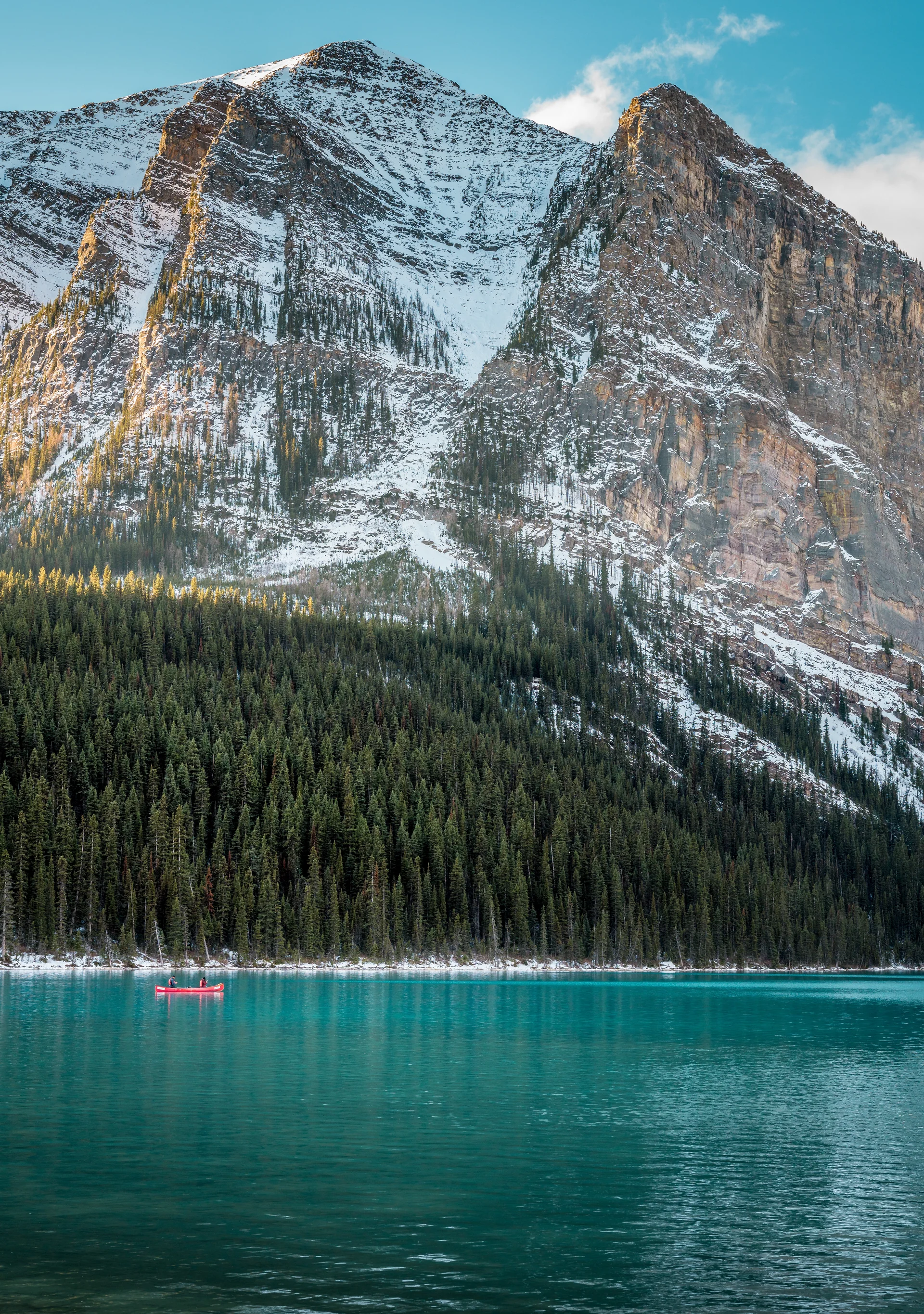 Vertical Shot Turquoise Lake Forest Snowy Mountain Background. Nature wallpaper. 5304×7542px. Free download for personal use.