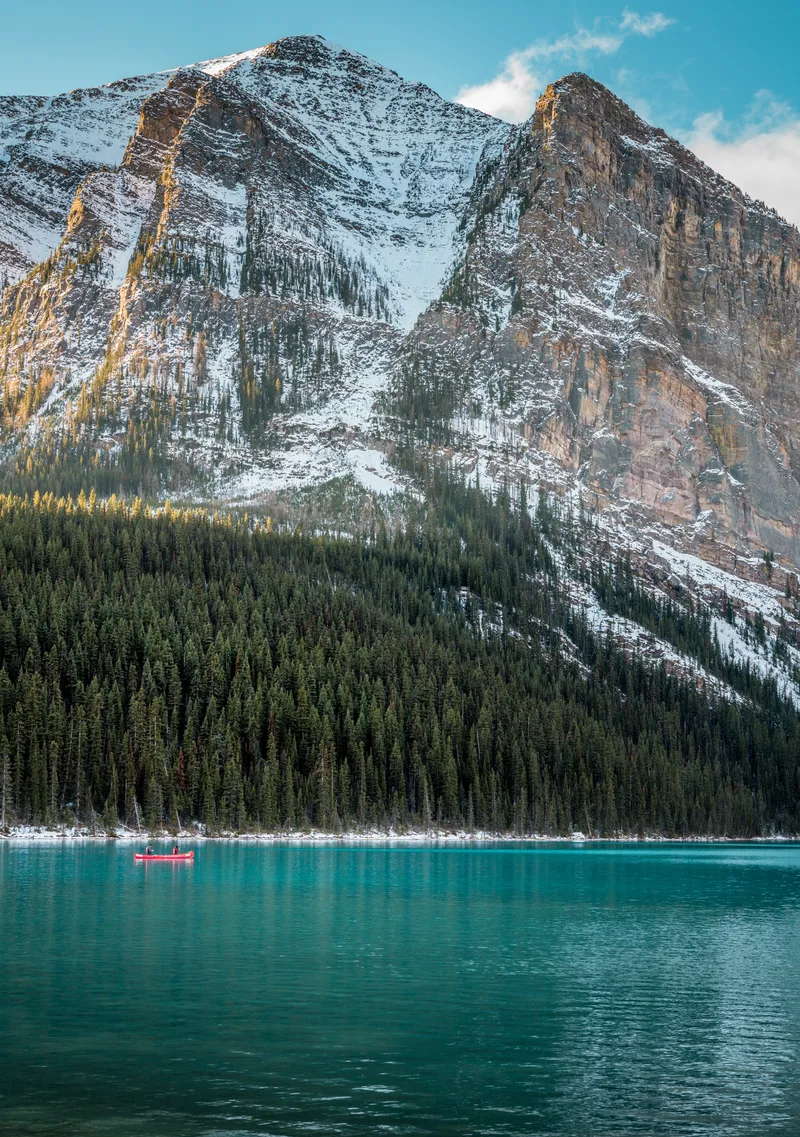 Vertical Shot Turquoise Lake Forest Snowy Mountain Background